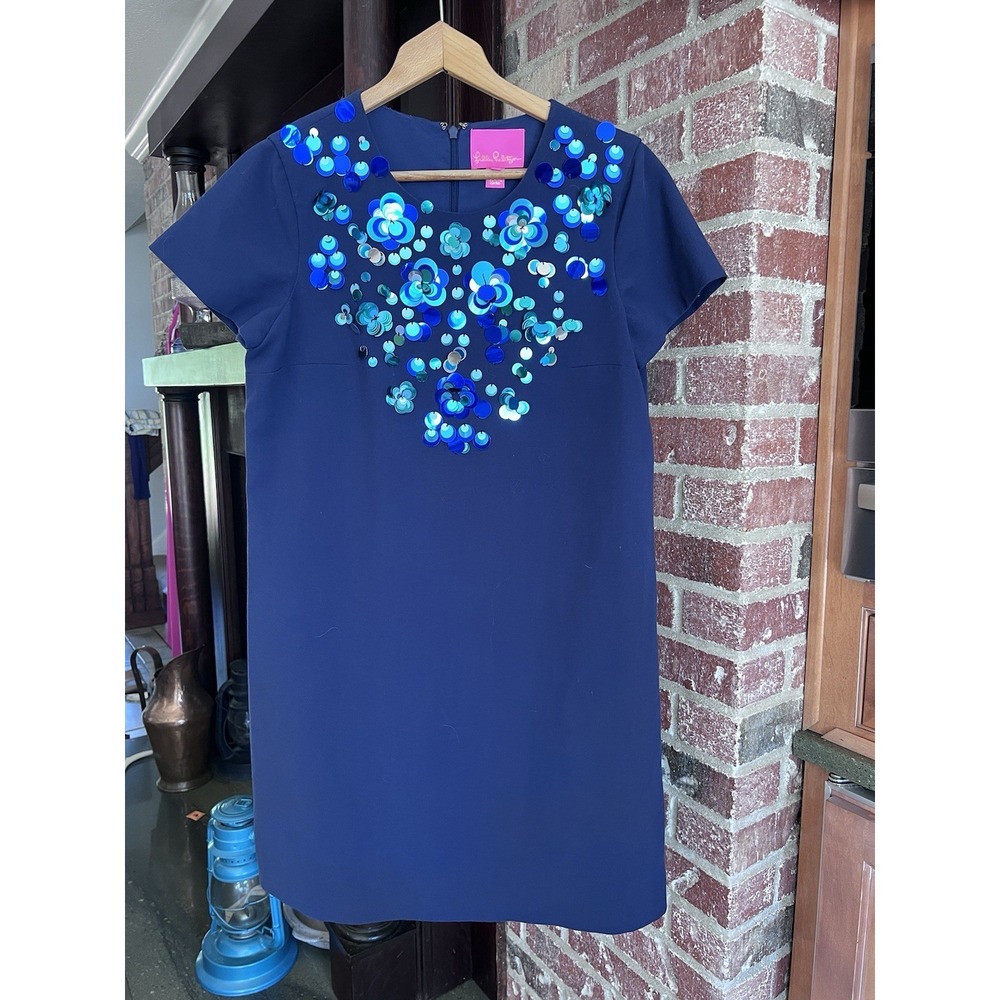 Lilly Pulitzer Havyn Navy Short Sleeve Embellished Sequin Mini Dress Sz 8